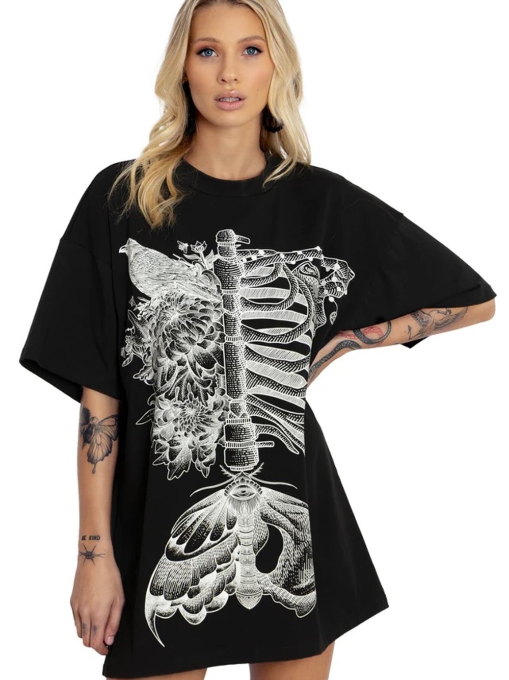 Blackmilk Black Oversized Big Tee White Skeleton Life and Death Print L